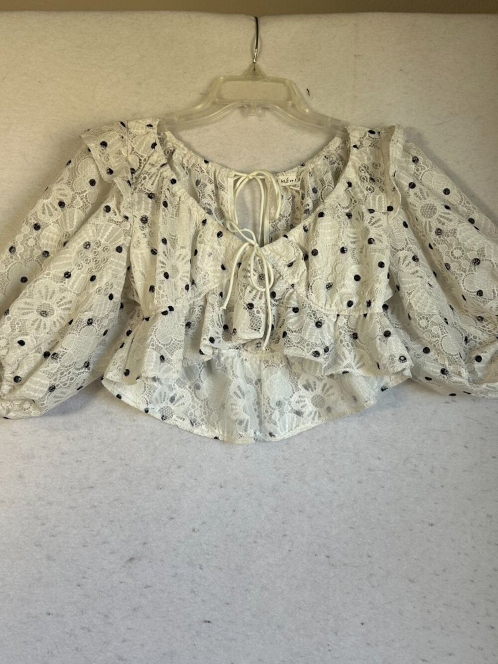 For Love And Lemons White & Black Polka Dot Lace Cropped Glen Blouse top sz M - Picture 2 of 8